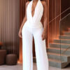Sexy White Halter-Neck Deep V Top Wide-Leg Pants Two-Piece Set