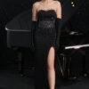 Sleeveless Beaded Evening Gown Sexy Low Back Elegant Slit Strapless Dress
