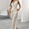 Solid Color V-Neck Sleeveless Button-Up Vest High Waist Career Women's Pants Suit