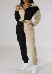 Sporty Women's Set Trendy Color-Block Cropped Hoodie & Cargo Joggers Two-Piece