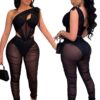 Spring Sexy Black Mesh See Through One Shoulder Sleeveless Corset Top and Ruched Pants Set Wholesale 2 Piece Sets