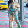 Spring & Summer Print Loose Satin Shirt High-Waisted Elastic Waist Wide-Leg Pants Two-Piece Set