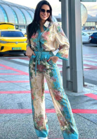 Spring & Summer Print Loose Satin Shirt High-Waisted Elastic Waist Wide-Leg Pants Two-Piece Set