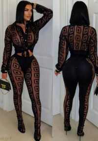 Spring Summer Print Mesh See-Through Shirt And Trousers Two Piece Set