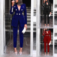 Spring Women Solid Long Sleeve Blazer + Pant Two-Piece Set