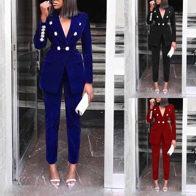 Spring Women Solid Long Sleeve Blazer + Pant Two-Piece Set