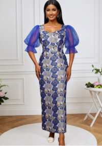 Square Neck Puff Sleeve Fashion Blue-Gold Color Block Slim Formal Party Evening Dresses