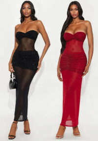 Strapless Milk Fiber Patchwork Mesh Beaded Party Bodycon Long Dress