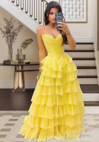 Strapless Tiered Puff Ball Gown Long Dress Slim Strapless Evening Gown(Processing time need 3-6 days)
