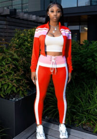 Street Style Color-Block Patchwork Zip-Up Top & Casual Pants Set