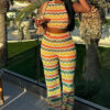 Summer Colorful Striped Sleeveless Knitting Two Piece Pants Set
