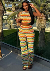 Summer Colorful Striped Sleeveless Knitting Two Piece Pants Set