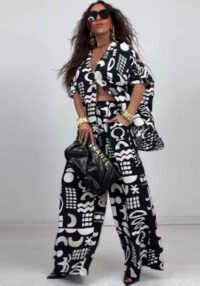 Summer Elegant Sexy Printed Top + Wide-Leg Pants Two-Piece Set