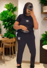 Summer Flocked Print Short Sleeve T-shirt + High-Waist Pants Matching Outfit