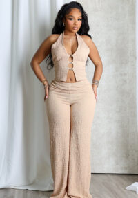 Summer Halter Neck Sleeveless Low Back V Neck Button Sexy Fashion Jumpsuit