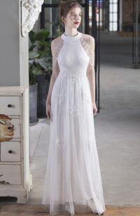 Summer Occassional White Sequin Mesh Patch Halter Evening Dress