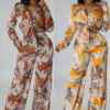 Summer Print Stand Collar Long Sleeve Shirt Top Wide Leg Pants Fashion Two-Piece Set