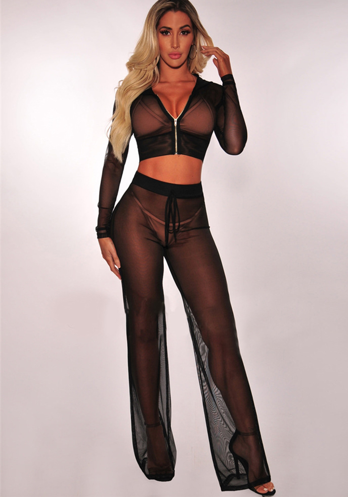 Summer Sexy Long Sleeve See-Through Mesh Hooded Zip-Up Top & Straight Pants Two-Piece Set