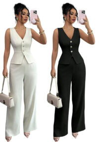 Summer Solid V-Neck Sleeveless Slim Vest High-Waist Trousers Two-Piece Set