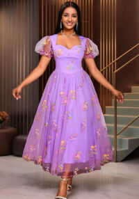 Summer Square Neck Sexy Puff Sleeve Mesh Floral Embroidery Formal Party Evening Dress