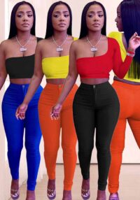 Trendy Color-Blocking Asymmetric Top Pants Two-Piece Set