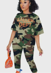 Trendy Letter-Print Camouflage Two-Piece Women's Pant Set