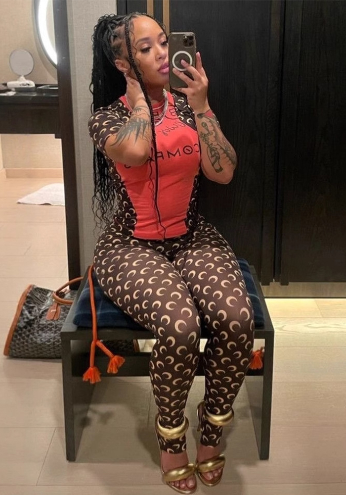 Trendy Moon Print Stretchy Slim-Fit Basic Top & Pants Set