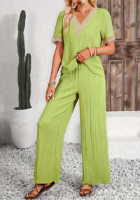 Two-Piece Lace Trim V-Neck Short-Sleeve Top & Wide-Leg Casual Pants Set