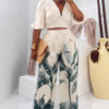 V-Neck Lantern Sleeve Top Printed Wide-Leg Pants Suit