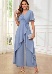 V-Neck Mother's Dress Solid Color Pants Two-Piece Set