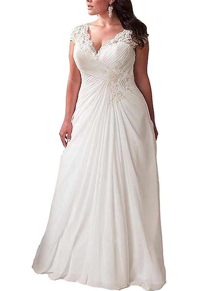 Wedding dress ivory white deep v-neck lace trailing main wedding dress(Processing time need 3-6 days)
