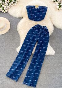 Women American Retro Strapless Denim Top and Pants Two-piece Set