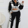 Women autumn and winter high collar zipper Top and Contrast Color trousers Two Piece Set