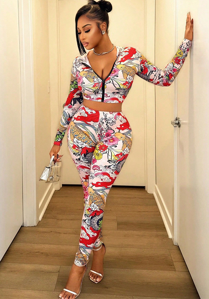 Women autumn hooded printed top and pants two-piece set