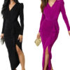 Women Autumn Long-Sleeved V-Neck Slit Dress