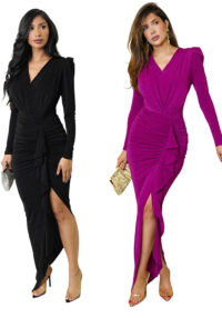 Women Autumn Long-Sleeved V-Neck Slit Dress