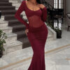 Women Autumn Solid See-Through Patchwork Long-Sleeved Sexy Dress