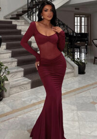 Women Autumn Solid See-Through Patchwork Long-Sleeved Sexy Dress