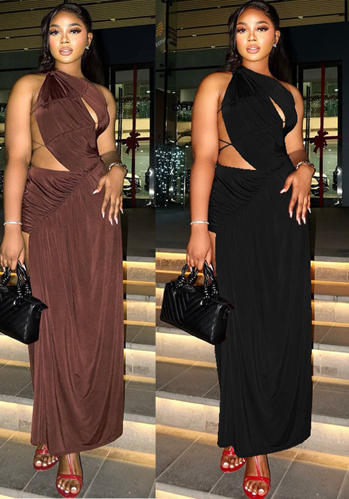 Women Backless Sexy Elegant Solid Dress with Irregular High Neck Slit