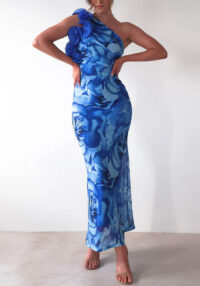 Women Beach Holiday Floral Slash Shoulder Print Dress