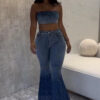 Women Beaded Denim Strapless Crop Backless Top and Bell Bottom trousers two-piece set