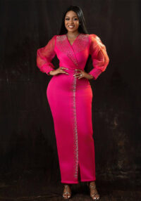 Women Beaded Puff Sleeve Stretchy V-Neck Maxi Dress