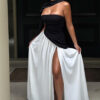 Women Black and White Contrast Color Slit Irregular Pleated Off-Shoulder Strapless Backless Dress