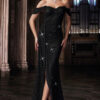 Women Black Sequined Strapless Off-Shoulder Ribbon High Slit Evening Dress