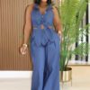 Women blue denim halter neck turndown collar backless top and wide leg pants two piece set