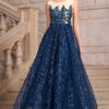 Women blue Round Neck Mesh sequin patchwork dinner dress
