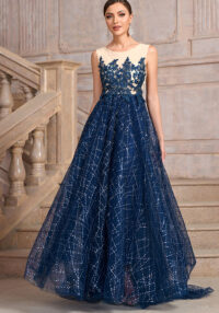 Women blue Round Neck Mesh sequin patchwork dinner dress