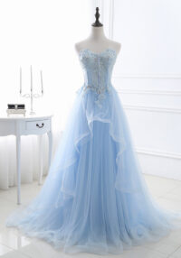 Women blue Strapless Lace-Up bridesmaid dress formal party evening dress(process time 3-6 days)