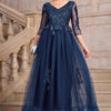 Women blue v-neck meshlace patchwork luxury party dress