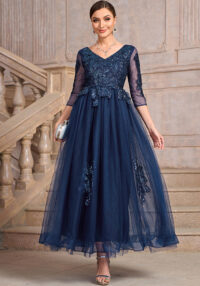 Women blue v-neck meshlace patchwork luxury party dress
